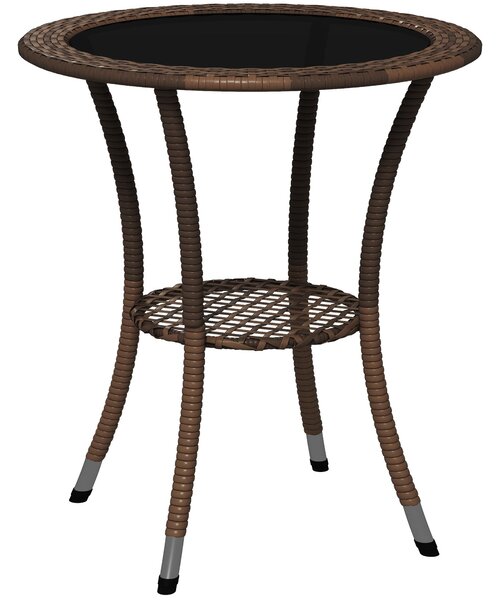 Outsunny Kulatý Ratanový Stůl Ø64x71 cm Zahradní Stůl se Pultem, Ocelová Rám a Skleněná Deska, Nosnost 50 kg pro Terasu a Patio Hnědá | Aosom