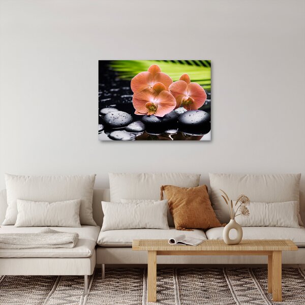 Obraz - Oranžová orchidej s palmovými listy (70x50 cm)