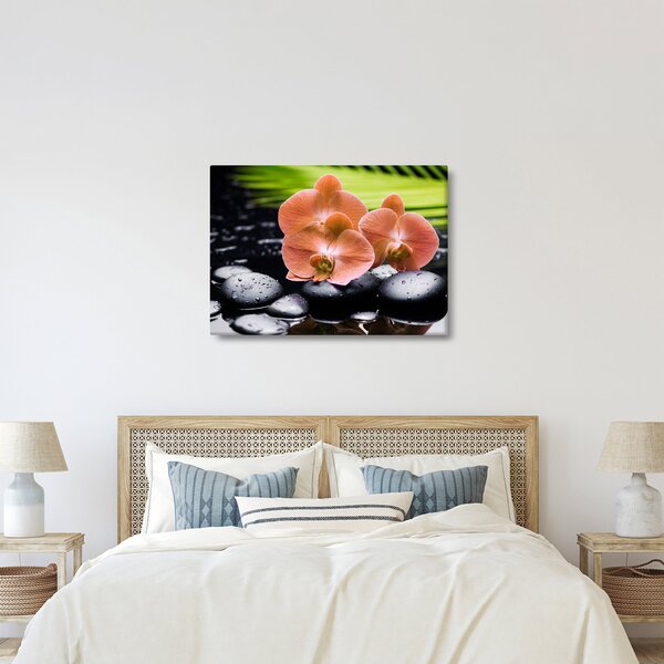 Obraz - Oranžová orchidej s palmovými listy (70x50 cm)
