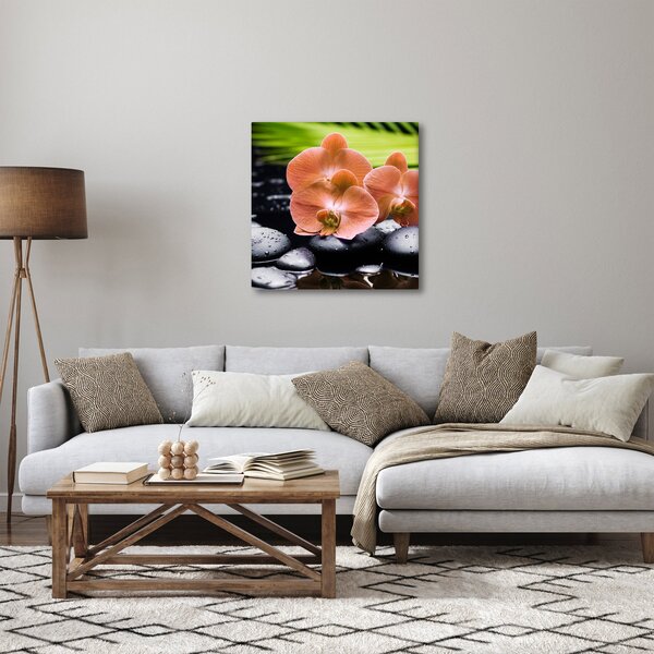 Obraz - Oranžová orchidej s palmovými listy (30x30 cm)
