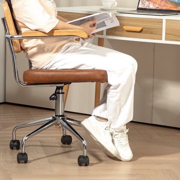 HOMCOM Otočná kancelářská židle, nastavitelná výška, desková židle s ratanovým opěradlem, houpací funkce, nosnost 120 kg, rozměry 60x55,5x82-90 cm, hn