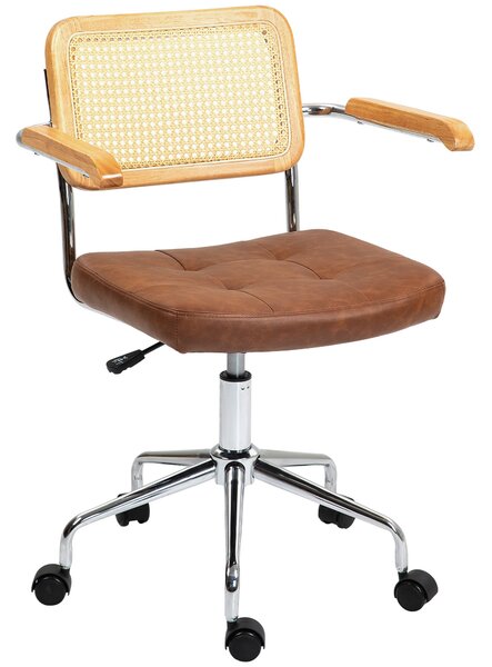 HOMCOM Otočná kancelářská židle, nastavitelná výška, desková židle s ratanovým opěradlem, houpací funkce, nosnost 120 kg, rozměry 60x55,5x82-90 cm, hn