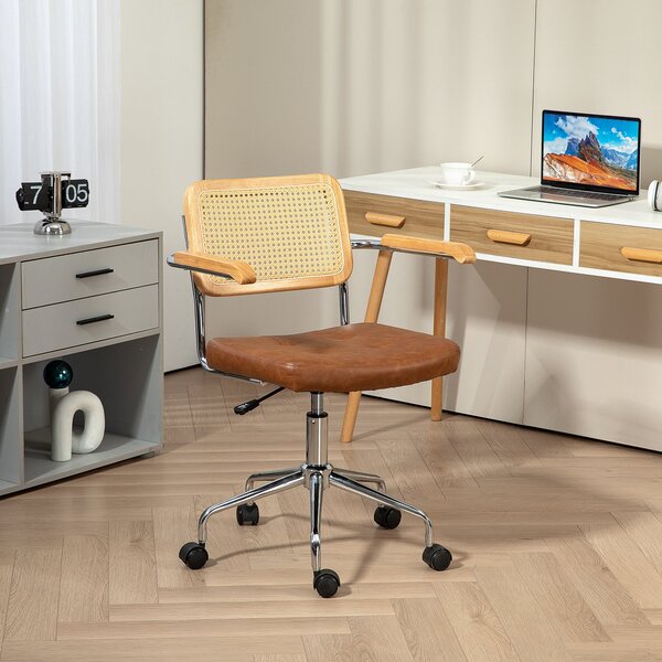 HOMCOM Otočná kancelářská židle, nastavitelná výška, desková židle s ratanovým opěradlem, houpací funkce, nosnost 120 kg, rozměry 60x55,5x82-90 cm, hn