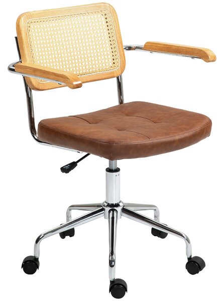 HOMCOM Otočná kancelářská židle, nastavitelná výška, desková židle s ratanovým opěradlem, houpací funkce, nosnost 120 kg, rozměry 60x55,5x82-90 cm, hn