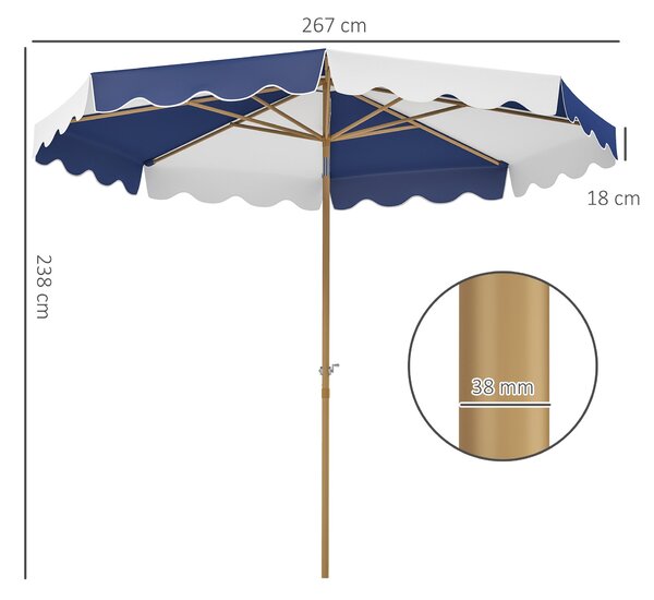 Zahradní slunečník Outsunny Ø267 cm s náklonem a kličkou, UV 50+ ochrana, sluneční clona pro terasu a zahradu Modrá a bílá | Aosom
