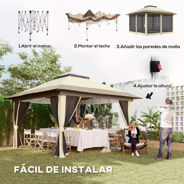 Outsunny Skládací Zahradní Altán 3,6x3,6m Systém Pop-Up s 4 Síťovanými Stranami, UV-ochranný, Nastavitelná Výška, Písečné Váhy a Taška pro Přenášení n