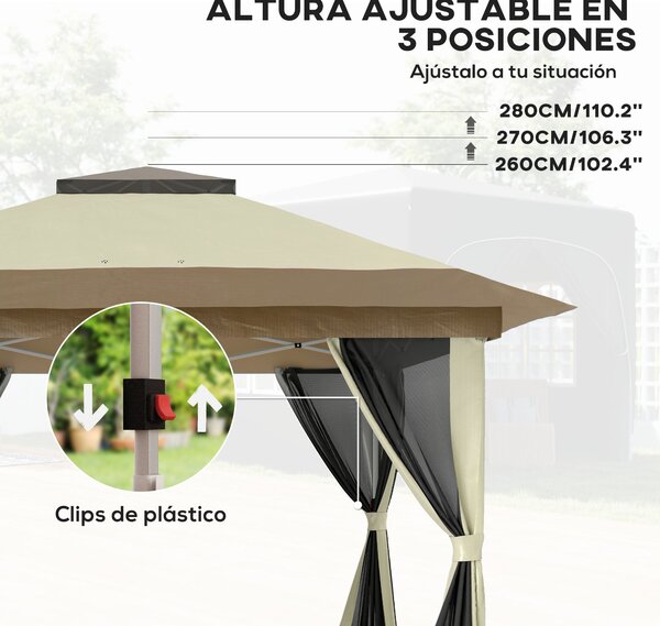 Outsunny Skládací Zahradní Altán 3,6x3,6m Systém Pop-Up s 4 Síťovanými Stranami, UV-ochranný, Nastavitelná Výška, Písečné Váhy a Taška pro Přenášení n