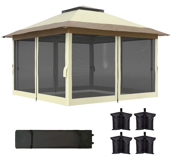 Outsunny Skládací Zahradní Altán 3,6x3,6m Systém Pop-Up s 4 Síťovanými Stranami, UV-ochranný, Nastavitelná Výška, Písečné Váhy a Taška pro Přenášení n