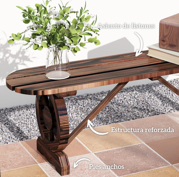 Outsunny Dvousedací Zahradní Lavice Dřevěná Lavice se 2 Dekorativními Koly Rustikální Styl Nosnost 200 kg pro Patio Terasu 120x29x39 cm Spálená | Aoso