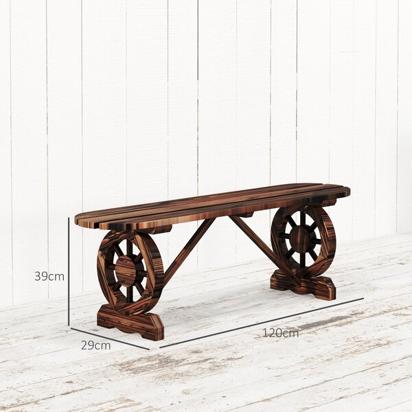 Outsunny Dvousedací Zahradní Lavice Dřevěná Lavice se 2 Dekorativními Koly Rustikální Styl Nosnost 200 kg pro Patio Terasu 120x29x39 cm Spálená | Aoso