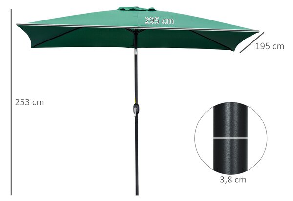 Outsunny Hliníkový Slunečník 195x295x253 cm Obdélníkový Zahradní Slunečník s Kličkou a Odnímatelným Sloupem pro Terasu, Bazén, Patio, Venku Zelený | A