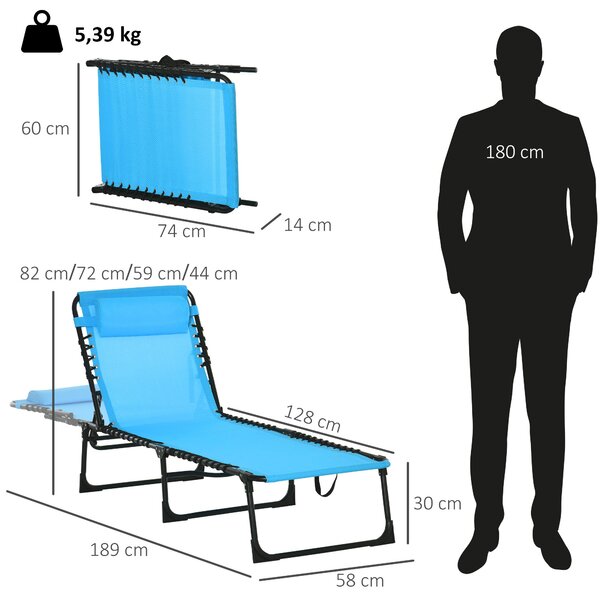 Skládací a nastavitelný slunečník Outsunny s 4 pozicemi sklopení, zahradní křeslo se systémem bungee pro venkovní použití, ocelový rám 189x58x30 cm, s