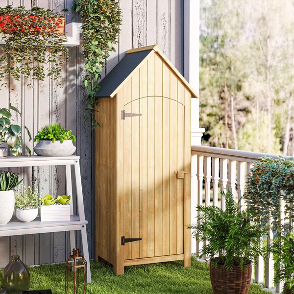Outsunny Zahradní Chata z Dřeva 77,5x54,2x179,5 cm 0,3 m² Exteriérová Zahradní Chata s Uložením Nářadí, 3 Policemi a 2 Zamykacími Dveřmi pro Terasu |