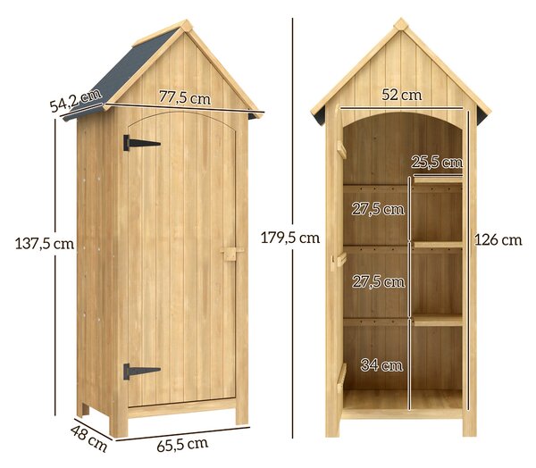 Outsunny Zahradní Chata z Dřeva 77,5x54,2x179,5 cm 0,3 m² Exteriérová Zahradní Chata s Uložením Nářadí, 3 Policemi a 2 Zamykacími Dveřmi pro Terasu |