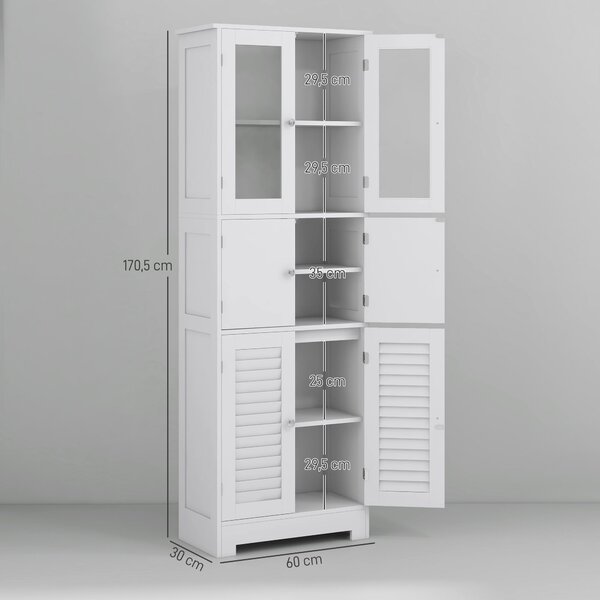 HOMCOM Sloupcový pomocný nábytek do koupelny s 6 dveřmi, nastavitelnými policemi a protiskluzovým designem moderní koupelnová skříň 60x30x170,5 cm bíl