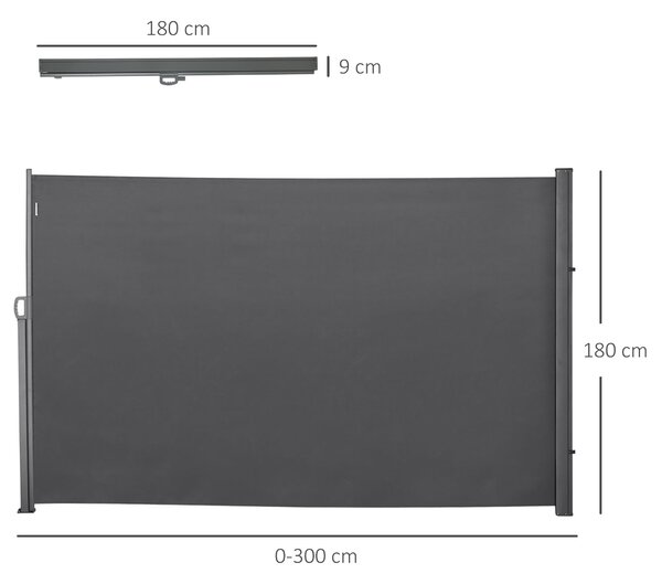 Zatahovací boční markýza Outsunny 300x180 cm - Rolovací obrazovka, voděodolná a UV ochranou pro zahradu, balkon, terasu, šedá | Aosom