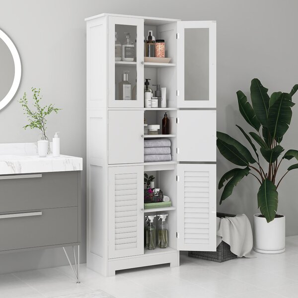 HOMCOM Sloupcový pomocný nábytek do koupelny s 6 dveřmi, nastavitelnými policemi a protiskluzovým designem moderní koupelnová skříň 60x30x170,5 cm bíl