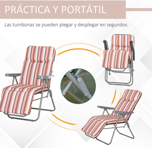 Outsunny Sada 2 Skládacích Lehátků Zahradní Lehátka s Polstrovaným Polštářem 5-Polohová Nastavitelná Opěrka a Opěrka nohou 60x75x65-102 cm Oranžové Pr