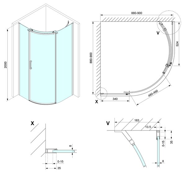 Polysan Polysan, THRON SQUARE čtvrtkruhová sprchová zástěna 900x900mm, čiré sklo, pravá, TL2690R-5002