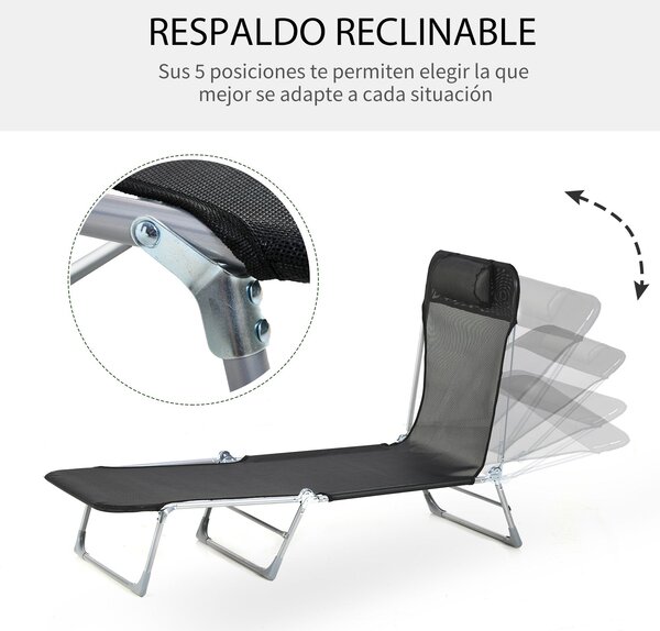 Skládací a polohovací sluneční lehátko Outsunny s nastavitelným opěradlem a podhlavníkem ve 5 úrovních z prodyšného textilního materiálu 182x56x28 cm