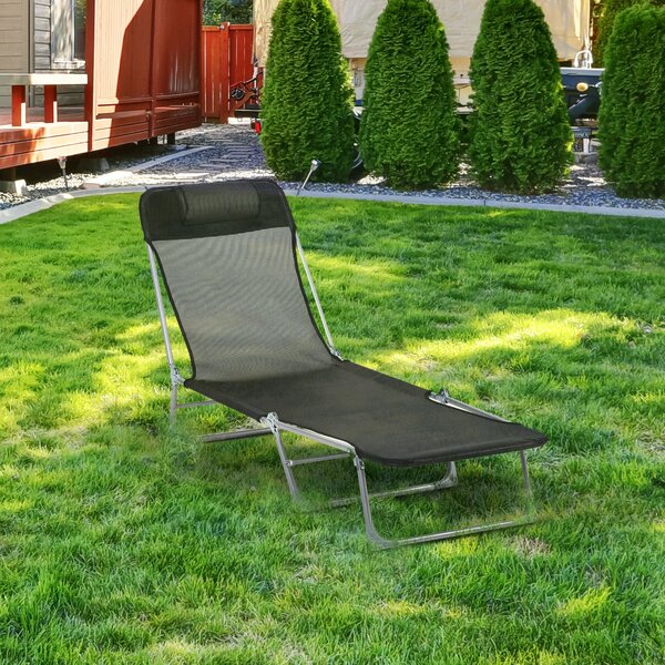 Skládací a polohovací sluneční lehátko Outsunny s nastavitelným opěradlem a podhlavníkem ve 5 úrovních z prodyšného textilního materiálu 182x56x28 cm