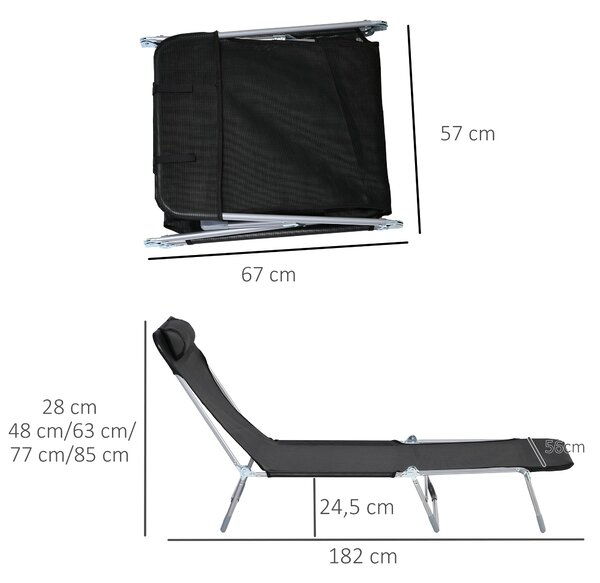 Skládací a polohovací sluneční lehátko Outsunny s nastavitelným opěradlem a podhlavníkem ve 5 úrovních z prodyšného textilního materiálu 182x56x28 cm