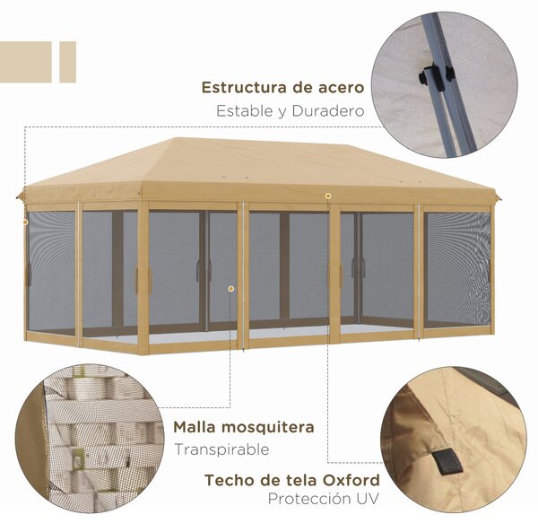 Skládací pop-up altán Outsunny 6x3 m se 6 bočními stěnami síťoviny, UV ochrana a taška na přenášení pro kempování | Aosom