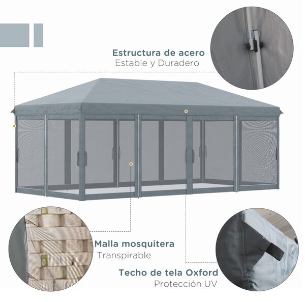 Outsunny Skládací Gazebo 6x3 m s 6 Anti-UV Moskytiérovými Stěnami a Pouzdrem pro Kempování Šedá | Aosom