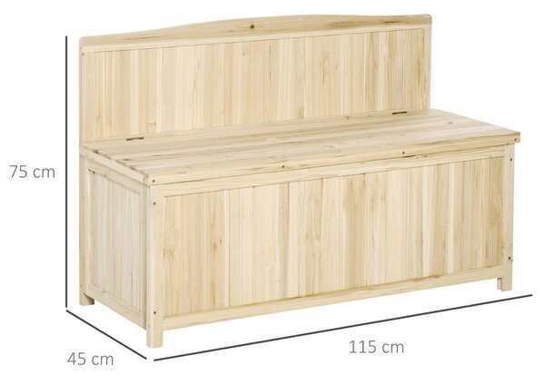 Outsunny Přírodní dřevěná zahradní lavice s úložným boxem a opěradlem, nosnost 250 kg, pro patio, terasu, balkon 115x45x75 cm | Aosom