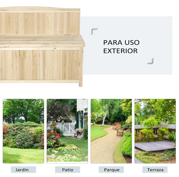 Outsunny Přírodní dřevěná zahradní lavice s úložným boxem a opěradlem, nosnost 250 kg, pro patio, terasu, balkon 115x45x75 cm | Aosom