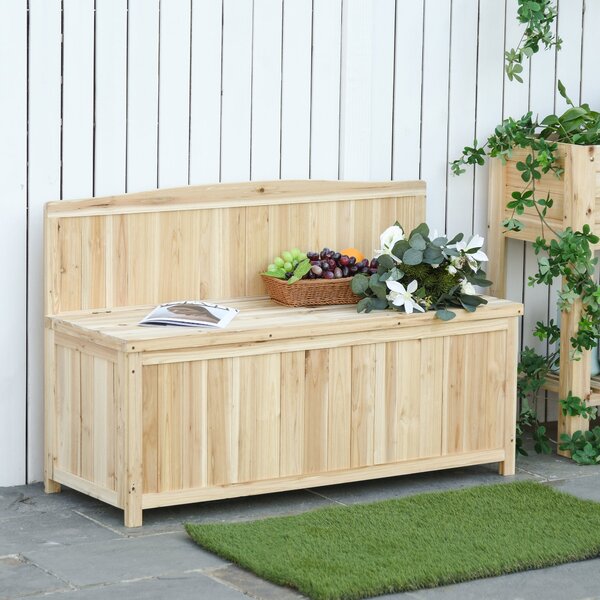 Outsunny Přírodní dřevěná zahradní lavice s úložným boxem a opěradlem, nosnost 250 kg, pro patio, terasu, balkon 115x45x75 cm | Aosom