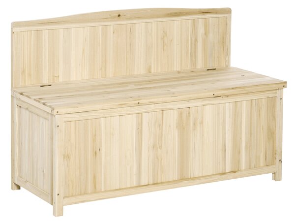 Outsunny Přírodní dřevěná zahradní lavice s úložným boxem a opěradlem, nosnost 250 kg, pro patio, terasu, balkon 115x45x75 cm | Aosom