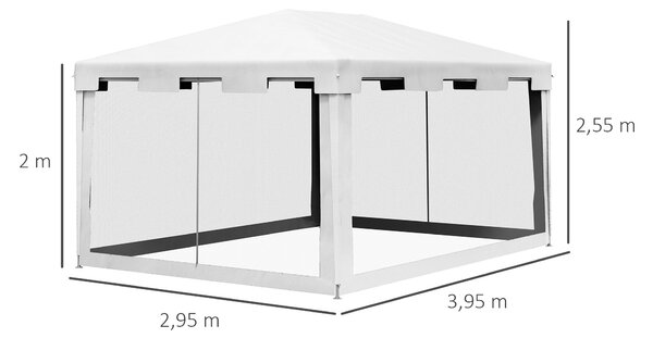 Zahradní altán Outsunny 4x3m s odnímatelnou venkovní střechou, 4 bočními moskytiérami, 2 zipovými dveřmi a 6 odtokovými otvory, vodotěsný, UV odolný p