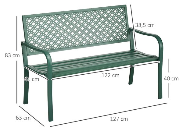 Zahradní lavice Outsunny z oceli, dvoumístná parková lavice s opěradlem a područkami, lavice s květinovým vzorem, pro zahradu, balkon, max. 240 kg, tm
