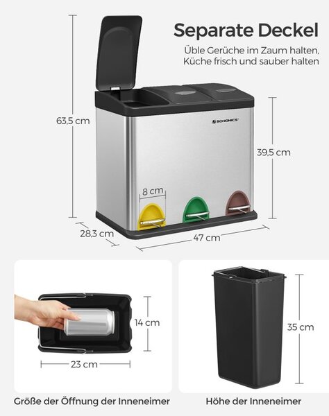 Odpadkový koš na tříděný odpad 24 l, nerez, 3 sekce