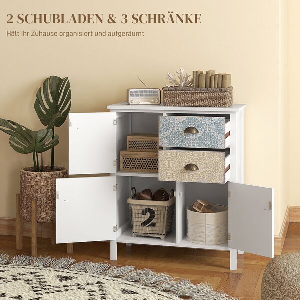 HOMCOM Komoda s 2 Šuplíky a 3 Skříňkami, Komoda s Ochranným Mechanismem pro Napřímení do Obývacího Pokoje a Ložnice, Bílá 68 x 34 x 80 cm | Aosom