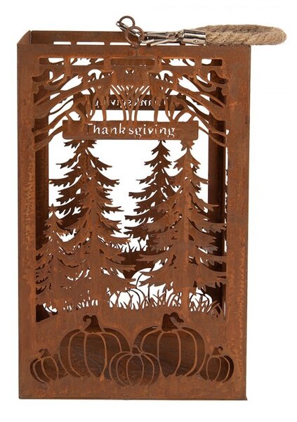 Rustikální rezavá lucerna s dýněmi a stromky - 19*19*30 cm - Clayre & Eef