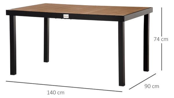 Zahradní stůl Outsunny pro 6 osob, jídelní stůl z hliníku, zahradní nábytek, lounge nábytek, snadno udržovatelný plast, přírodní + černá 140 x 90 x 74
