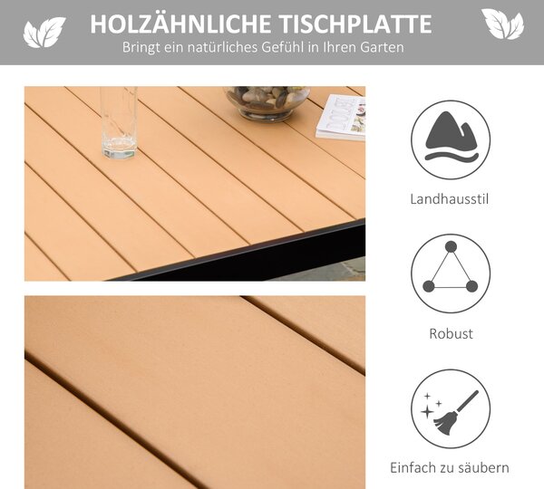 Zahradní stůl Outsunny pro 6 osob, jídelní stůl z hliníku, zahradní nábytek, lounge nábytek, snadno udržovatelný plast, přírodní + černá 140 x 90 x 74