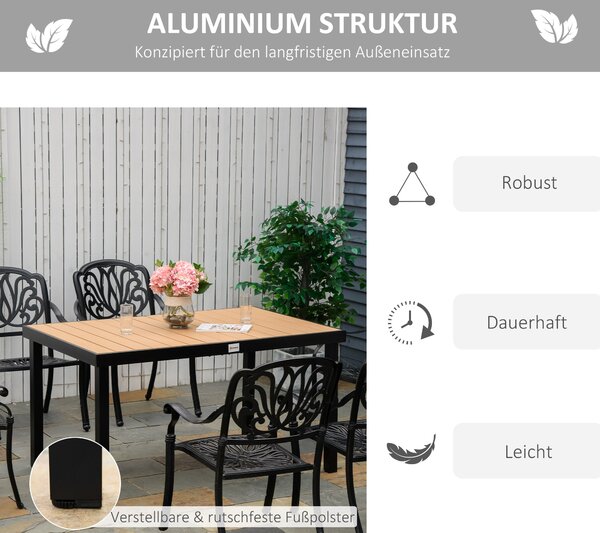 Zahradní stůl Outsunny pro 6 osob, jídelní stůl z hliníku, zahradní nábytek, lounge nábytek, snadno udržovatelný plast, přírodní + černá 140 x 90 x 74