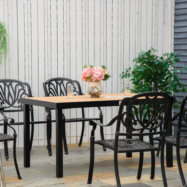 Zahradní stůl Outsunny pro 6 osob, jídelní stůl z hliníku, zahradní nábytek, lounge nábytek, snadno udržovatelný plast, přírodní + černá 140 x 90 x 74