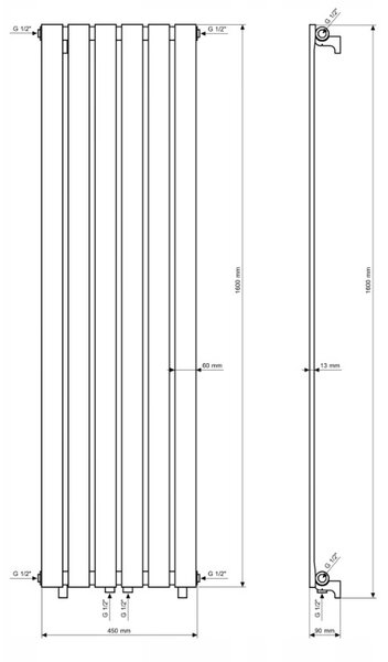 Gamma Vertical, topné těleso 450x1600 mm, 776 W, černá matná, GMA-VERT-16045-BK