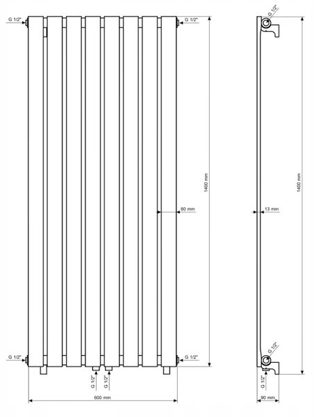 Gamma Vertical, topné těleso 600x1400 mm, 916 W, bílá matná, GMA-VERT-14060-WH