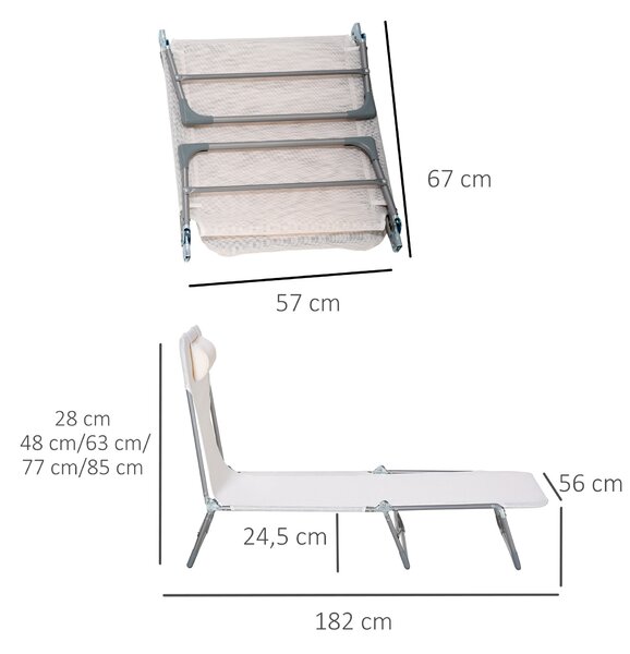 Skládací a polohovací zahradní lehátko Outsunny s nastavitelným opěrkou hlavy a 5 pozicemi opěradla, prodyšná textilní látka 182x56x28 cm Krémová | Ao