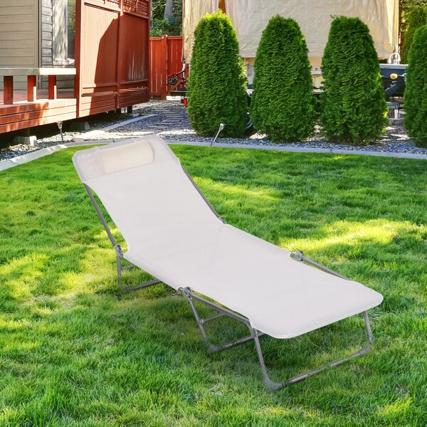 Skládací a polohovací zahradní lehátko Outsunny s nastavitelným opěrkou hlavy a 5 pozicemi opěradla, prodyšná textilní látka 182x56x28 cm Krémová | Ao