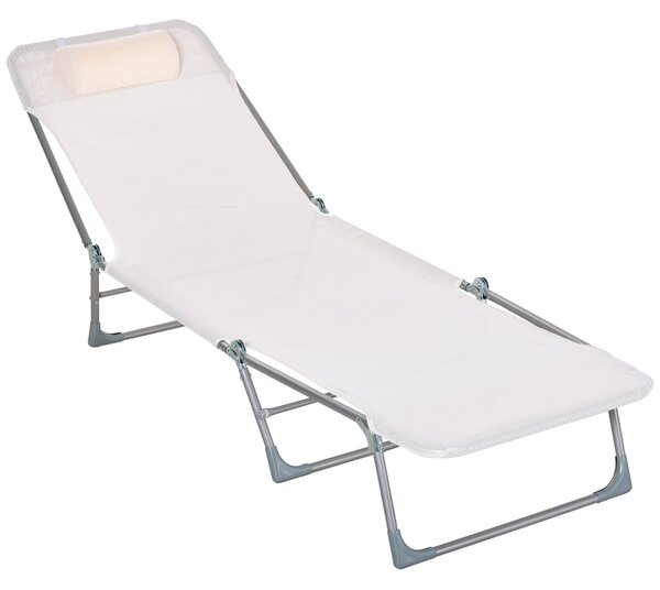 Skládací a polohovací zahradní lehátko Outsunny s nastavitelným opěrkou hlavy a 5 pozicemi opěradla, prodyšná textilní látka 182x56x28 cm Krémová | Ao