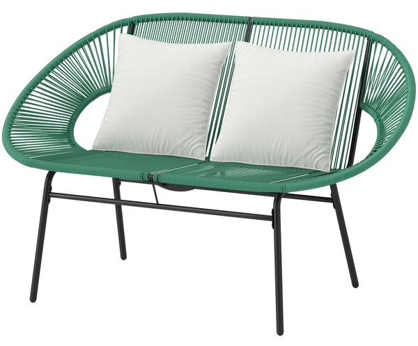 Outsunny zahradní lavička pro 2 osoby z oceli a syntetického lana s 2 polštářky - rozměry 132D x 72Š x 83V cm - tmavě zelená | Aosom