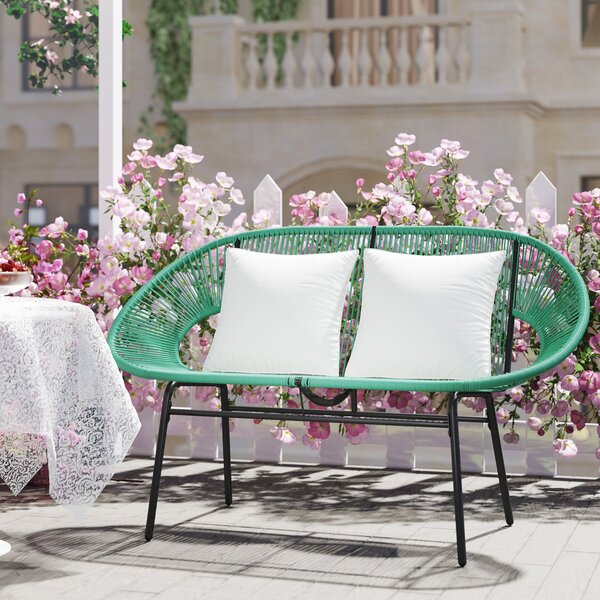 Outsunny zahradní lavička pro 2 osoby z oceli a syntetického lana s 2 polštářky - rozměry 132D x 72Š x 83V cm - tmavě zelená | Aosom