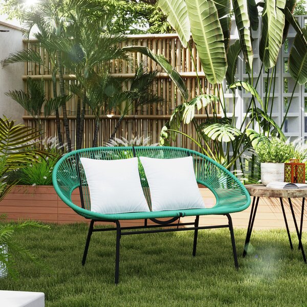 Outsunny zahradní lavička pro 2 osoby z oceli a syntetického lana s 2 polštářky - rozměry 132D x 72Š x 83V cm - tmavě zelená | Aosom