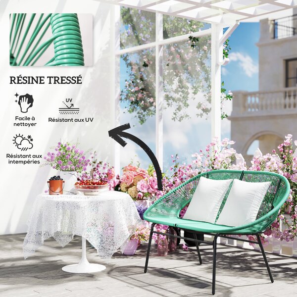 Outsunny zahradní lavička pro 2 osoby z oceli a syntetického lana s 2 polštářky - rozměry 132D x 72Š x 83V cm - tmavě zelená | Aosom